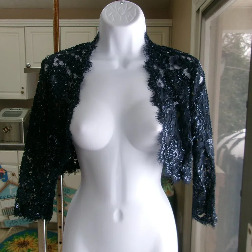 TADASHI COLLECTION NAVY BEADED LACE BOLERO JACKET 4